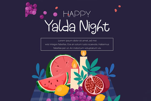 سفره شب یلدا PSD لایه باز شامل هندوانه و انار و انگور و شمع ویژه شب یلدا با زمینه آبی